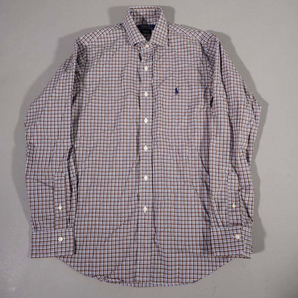 Polo Ralph Lauren Button Down Mens Medium Brown‎ Blue Plaid Cotton Stretch Shirt